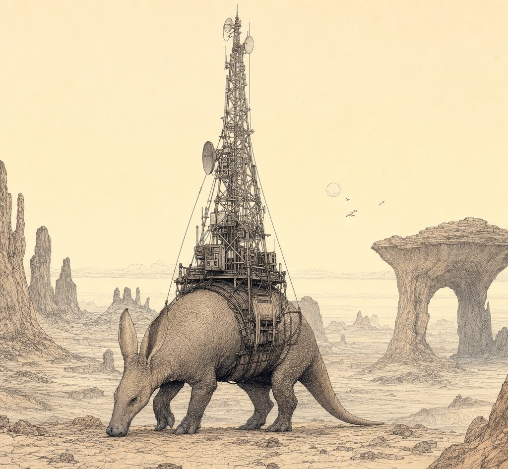 An aardvark walking across a desert plain with a tall radio transmitter tower strapped to its back.